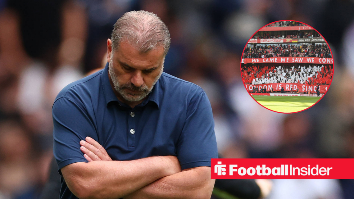 Ange Postecoglou in a blue polo top and Arsenal fans in a red circle