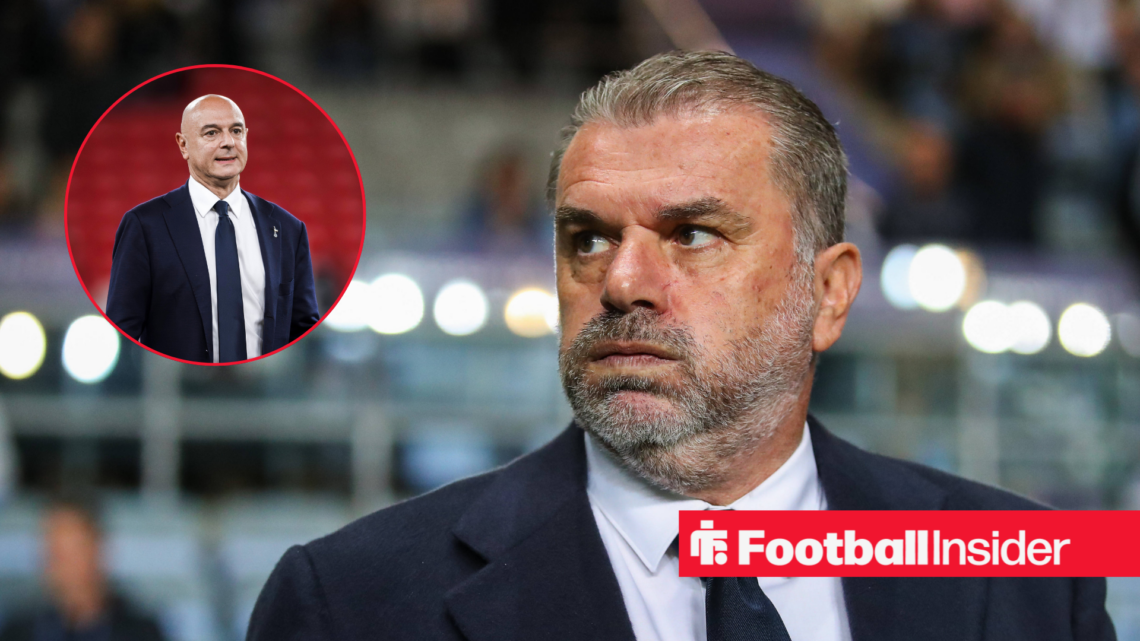 Ange Postecoglou in a black suit and Daniel Levy in a black suit in a red circle