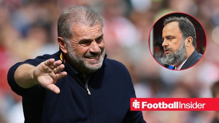 Ange Postecoglou on the left trying to direct his team with a serious Evangelos Marinakis on the right