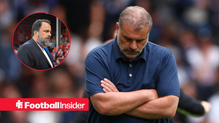 Ange Postecoglou in a blue polo shirt and Evangelos Marinakis in a black suit in a red circle