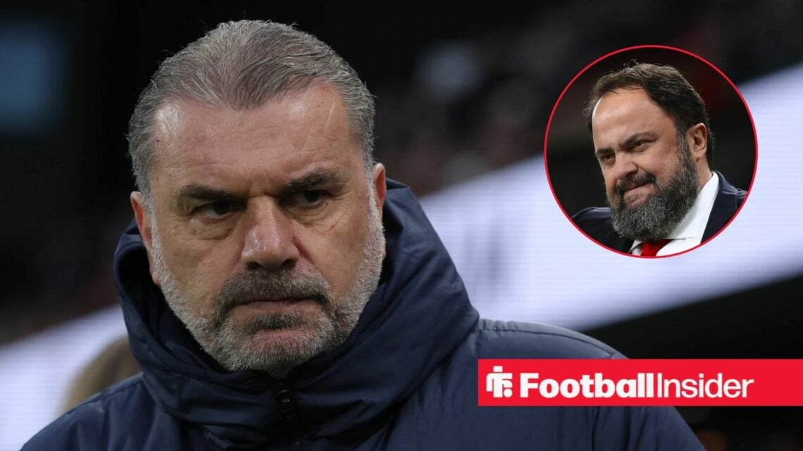 Ange Postecoglou looking serious on the left with Evangelos Marinakis looking triumphant on the right