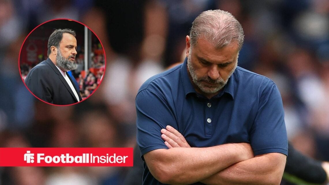 Ange Postecoglou with his arms crossed in a blue polo top and Evangelos Marinakis in inset