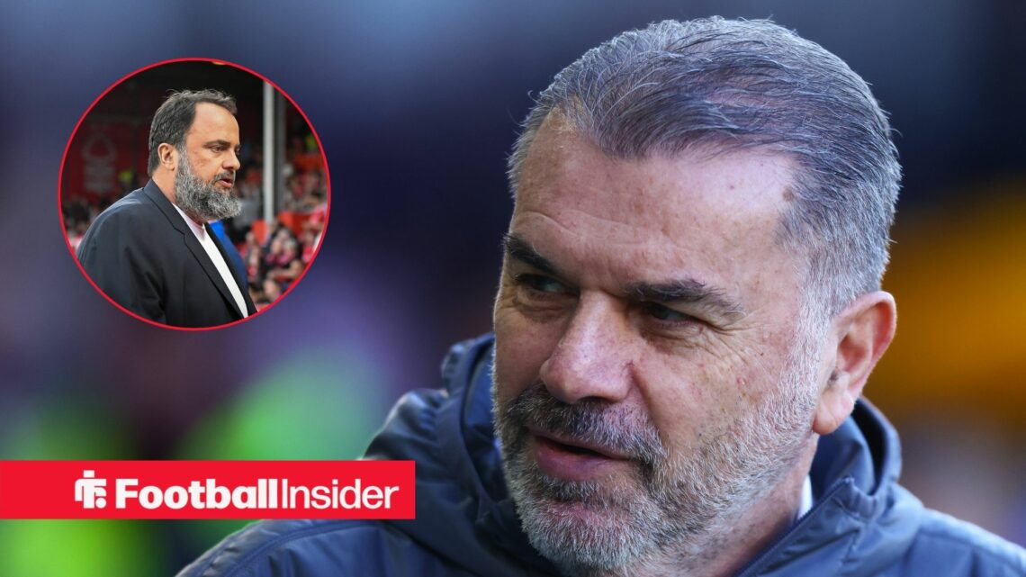 Ange Postecoglou smiling in a grey jacket and Evangelos Marinakis in inset