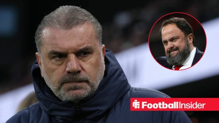 Ange Postecoglou looking serious on the left with Evangelos Marinakis looking triumphant on the right