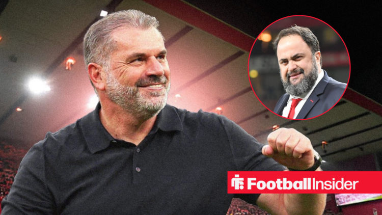 Nottingham Forest boss Ange Postecoglou celebrating as owner Evangelos Marinakis smiles right inset