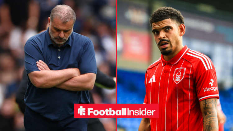 Ange Postecoglou in a blue polo top and Morgan Gibbs-White in a red Nottingham Forest kit