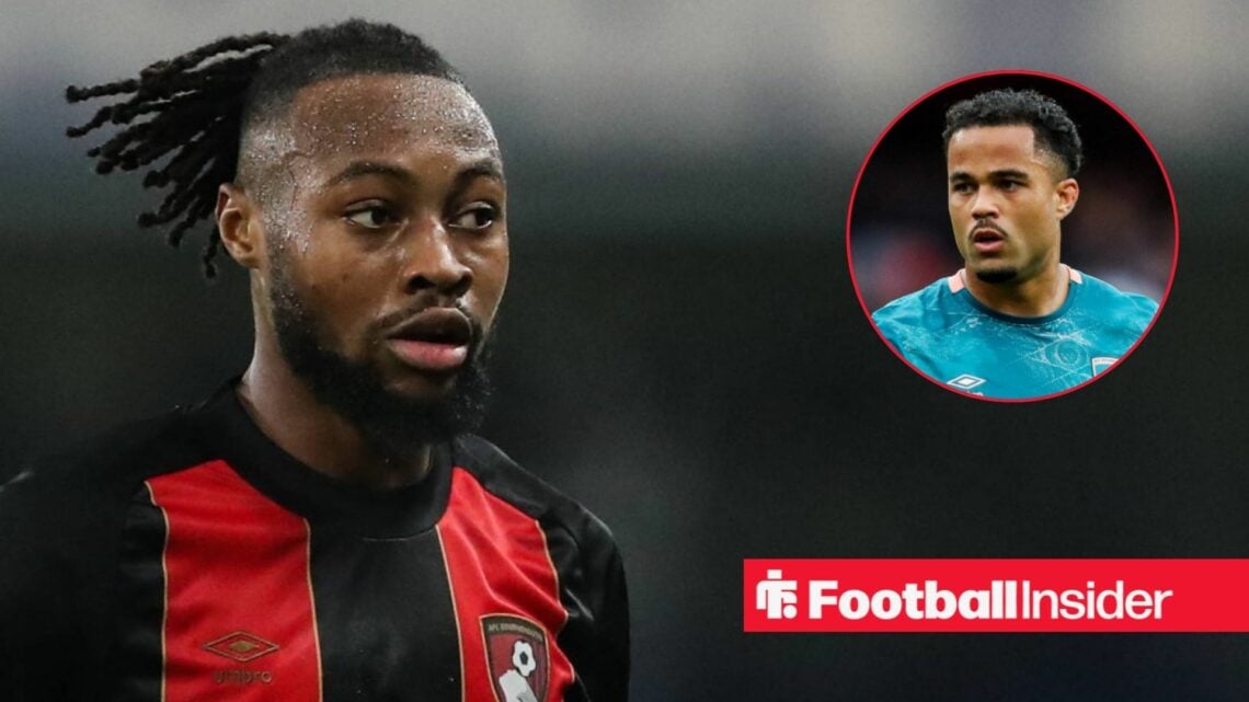 Antoine Semenyo in Bournemouth home shirt with Justin Kluivert inset