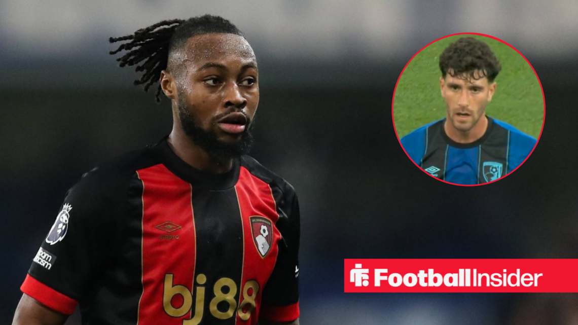 Antoine Semenyo in a Bournemouth home shirt next to an image of Marcos Senesi in the away shirt