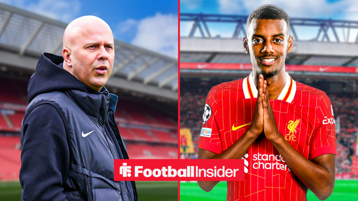 Liverpool boss Arne Slot at Anfield alongside an image of Alexander Isak in a Liverpool shirt