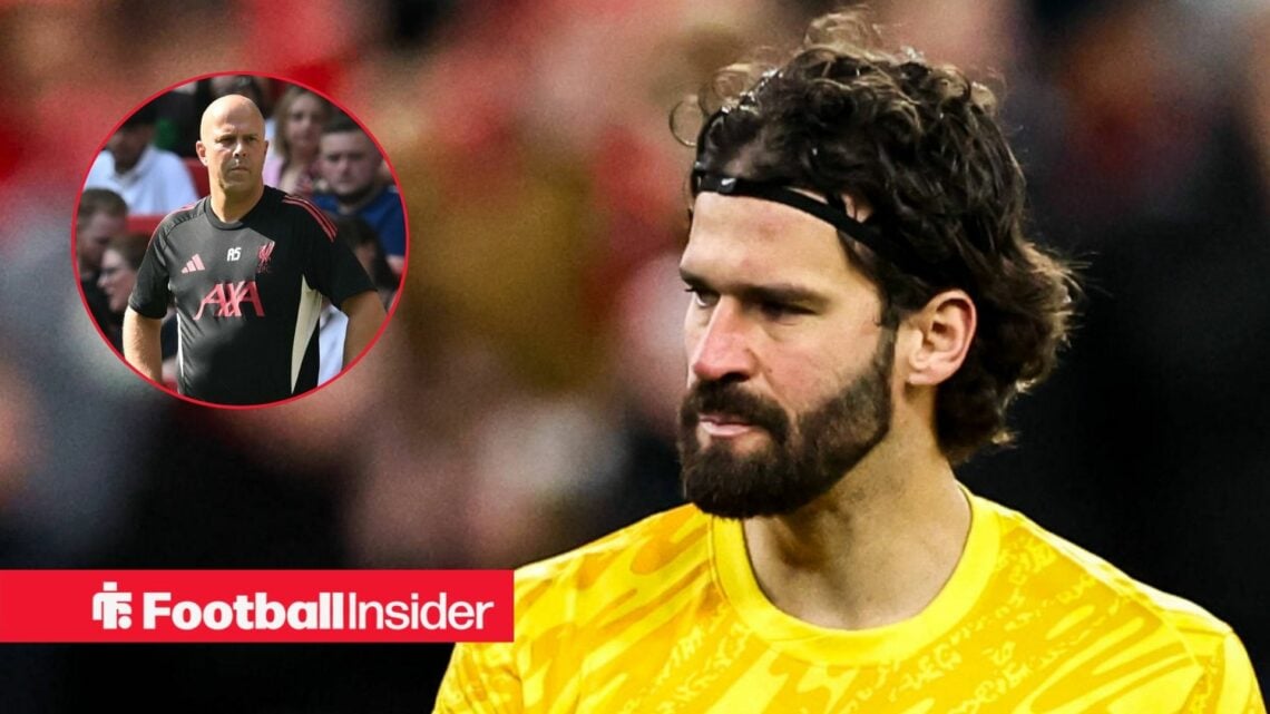 Liverpool boss Arne Slot in a circular frame alongside Alisson