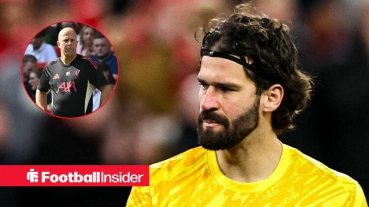 Liverpool boss Arne Slot in a circular frame alongside Alisson