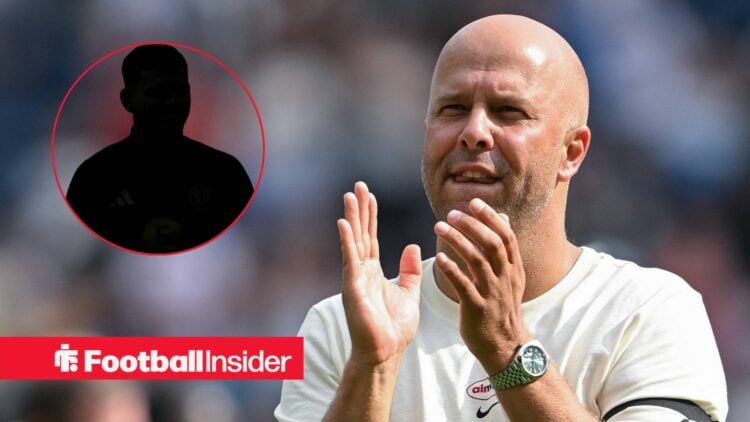 Arne Slot clapping at Anfield, Andy Robertson's silhouette in a circular inset