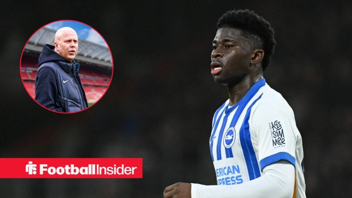 Liverpool boss Arne Slot in a circular frame alongside Carlos Baleba in a Brighton shirt