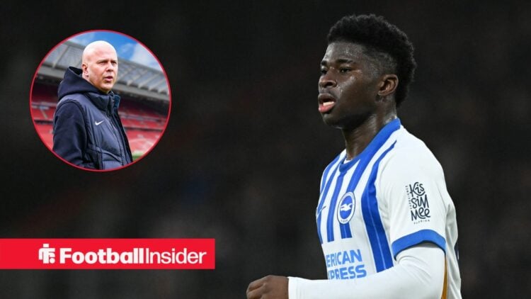 Liverpool boss Arne Slot in a circular frame alongside Carlos Baleba in a Brighton shirt