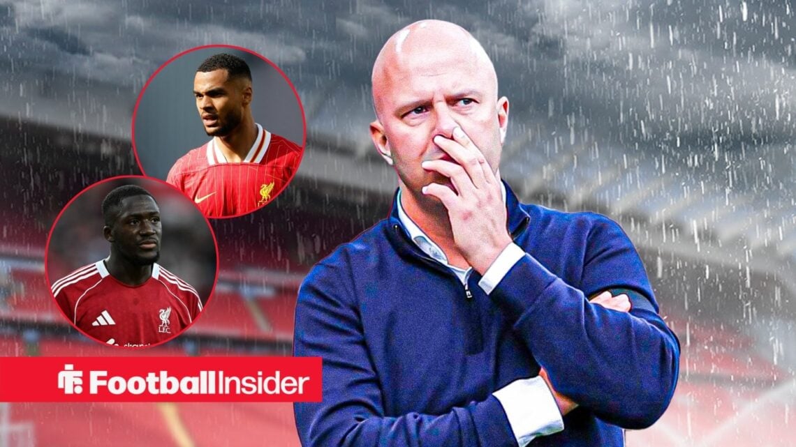 Liverpool boss Arne Slot looking concerned at Anfield alongside headshots of Ibrahima Konate and Coday Gakpo