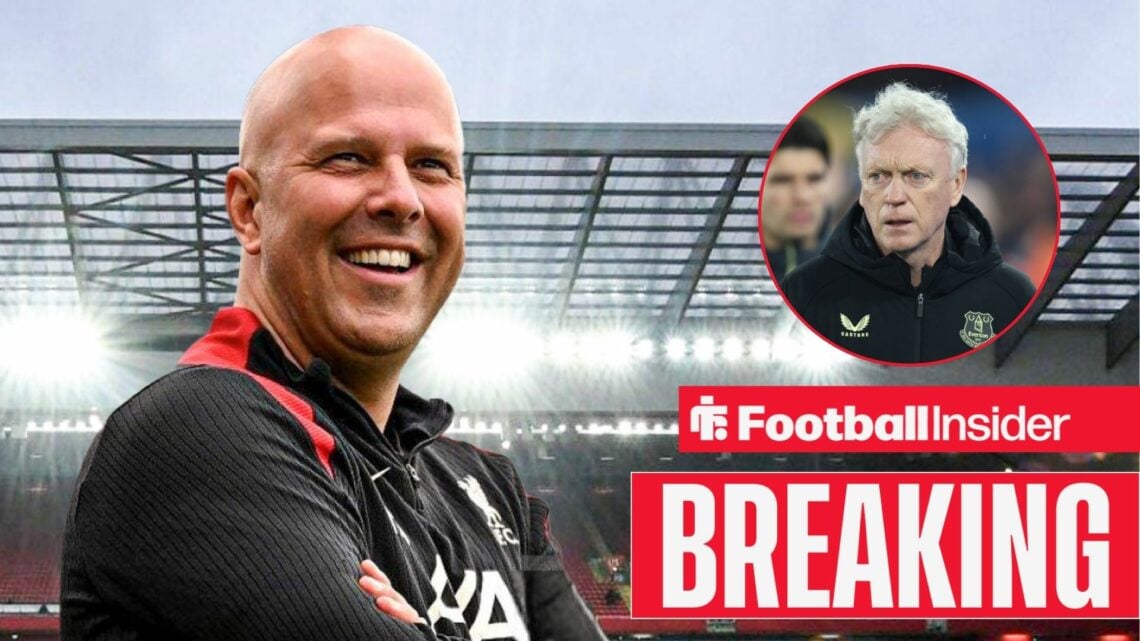 Arne Slot smiling at Anfield, David Moyes in a circular inset