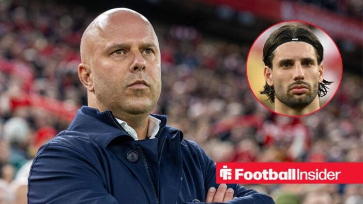 Liverpool manager Arne Slot alongside a circular inset of Dominik Szoboszlai