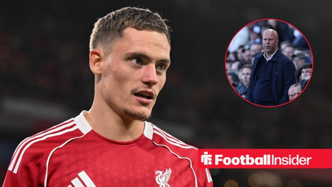 Florian Wirtz in a Liverpool home shirt alongside an image of Arne Slot on the touchline in a circular frame