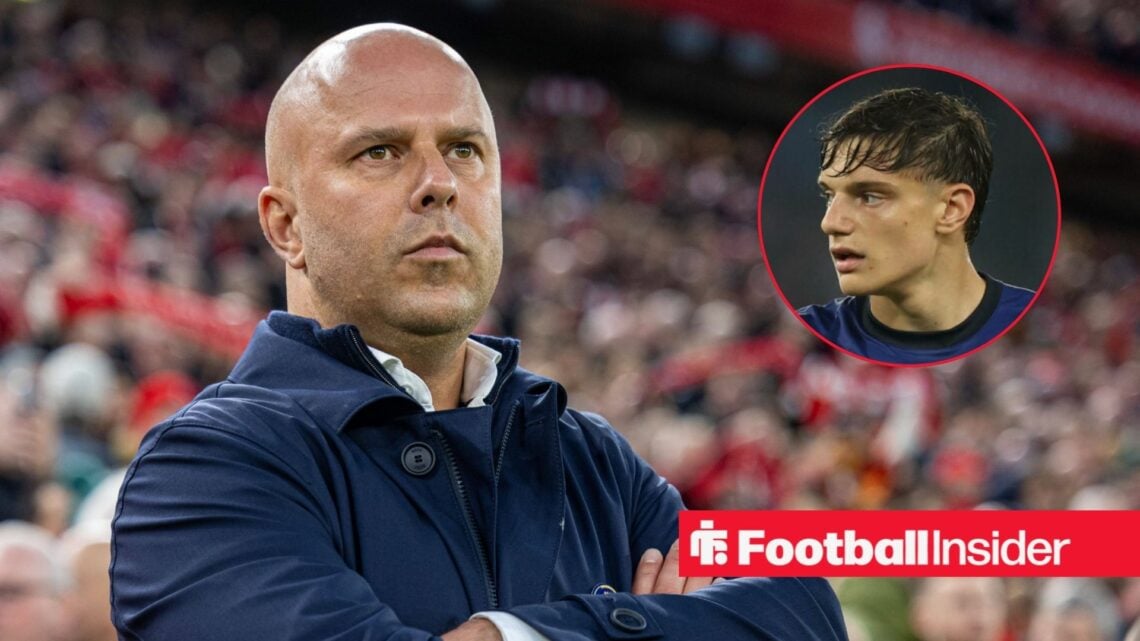 Liverpool boss Arne Slot at Anfield, with Giovanni Leoni in a circular inset