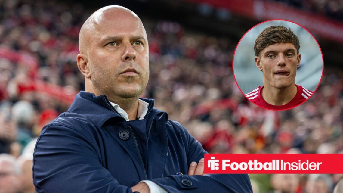 Liverpool manager Arne Slot on the Anfield touchline alongside a circular inset of Giovanni Leoni