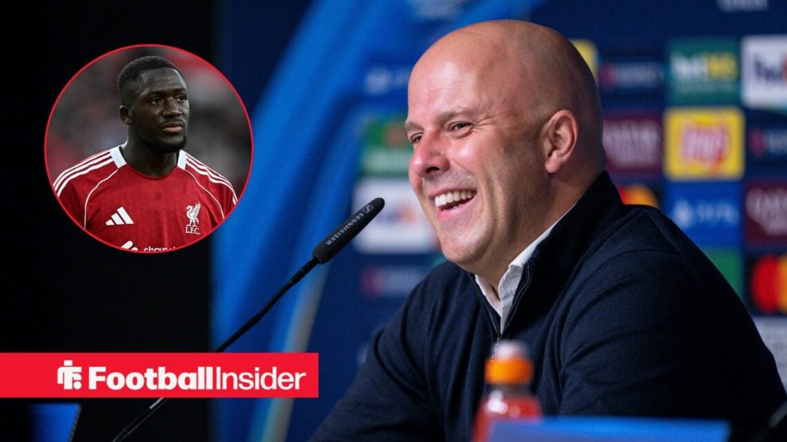 Arne Slot in a Champions League press conference, with Ibrahima Konate in a circular inset