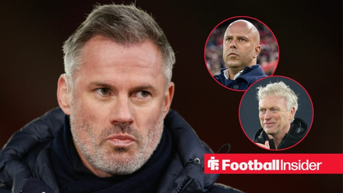 Pundit Jamie Carragher looking at annoyed Liverpool manager Arne Slot and smiling Everton boss David Moyes