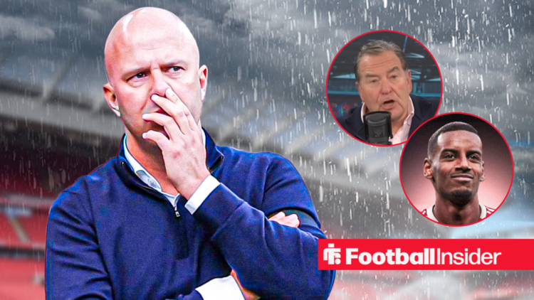 Liverpool manager Arne Slot looks annoyed with hand to face, talkSPORT host Jeff Stelling while live on air and Liverpool striker Alexander Isak ar...