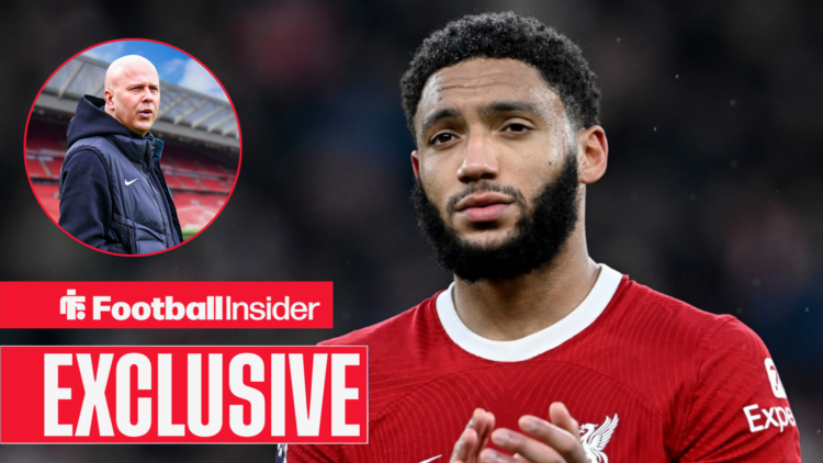 Liverpool boss Arne Slot in a circular frame alongside an image of Joe Gomez