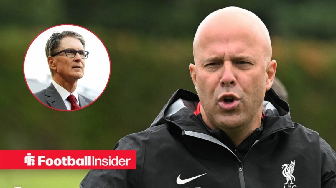 Liverpool manager Arne Slot shouting on training pitch with co-owner, John W. Henry in a suit left inset