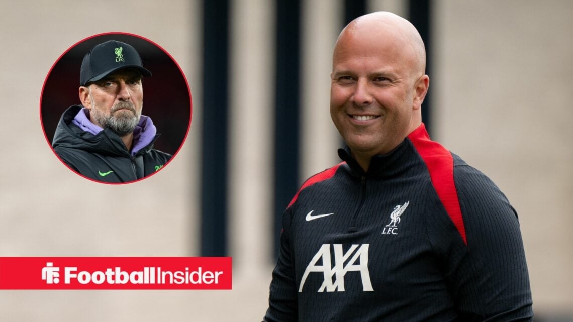 Arne Slot smiling, Jurgen Klopp in a circular inset