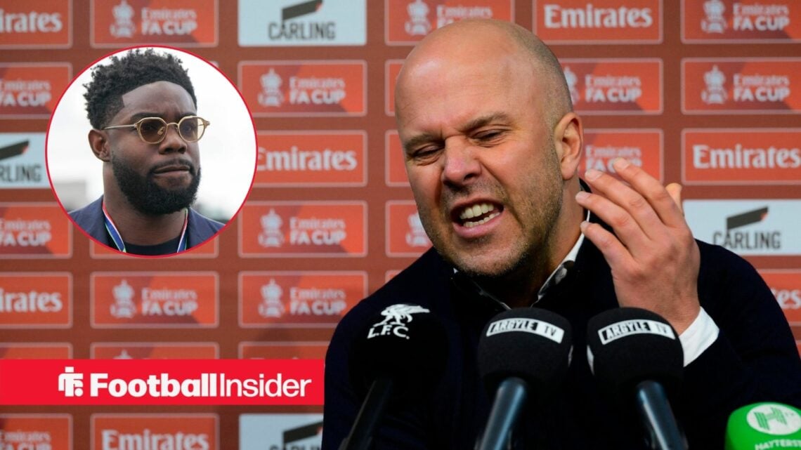 Arne Slot raging in a press conference, with Micah Richards in a circular inset