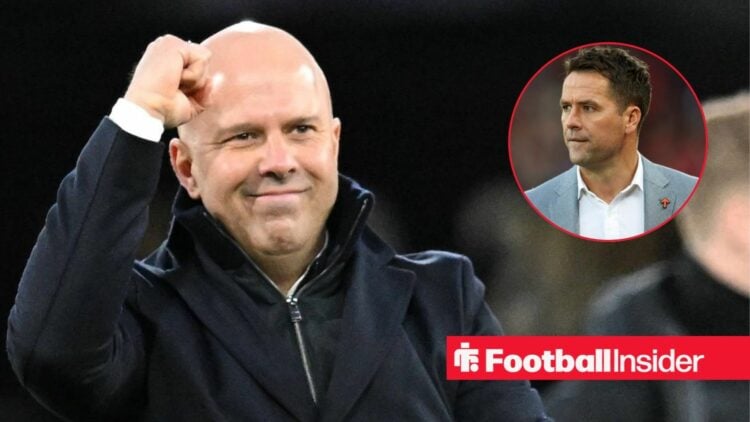 Liverpool manager Arne Slot alongside a circular inset of Michael Owen