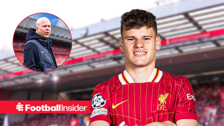 Liverpool boss Arne Slot in a circular frame next to an image of Milos Kerkez