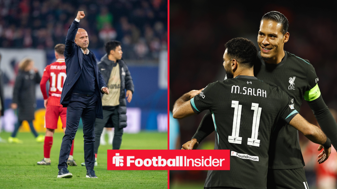 Arne Slot in a black jacket, Virgil Van Dijk and Mohamed Salah in a black Liverpool kit