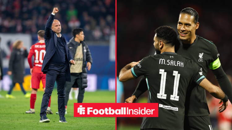 Arne Slot in a black jacket, Virgil Van Dijk and Mohamed Salah in a black Liverpool kit