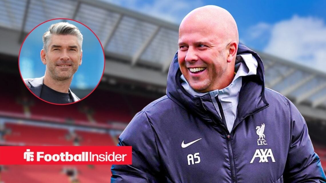 Arne Slot smiling at Anfield, with Richard Hughes in a circular inset