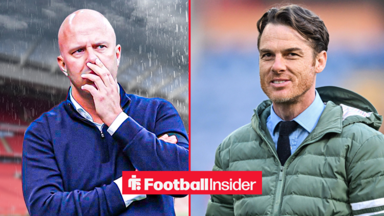 Liverpool boss Arne Slot looking worried next to Scott Parker