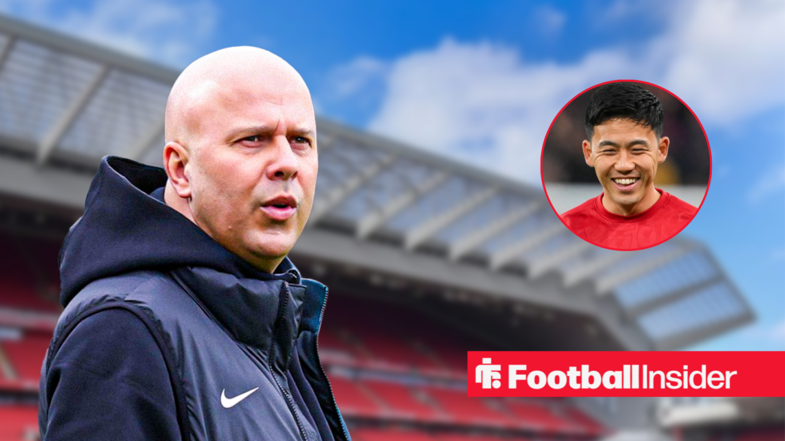 Liverpool boss Arne Slot at Anfield next to an image of Wataru Endo in a circular frame