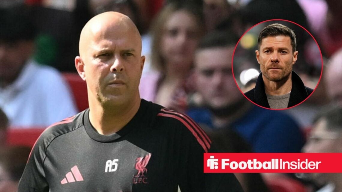 Arne Slot on the sidelines for Liverpool, with Xabi Alonso in a circular inset