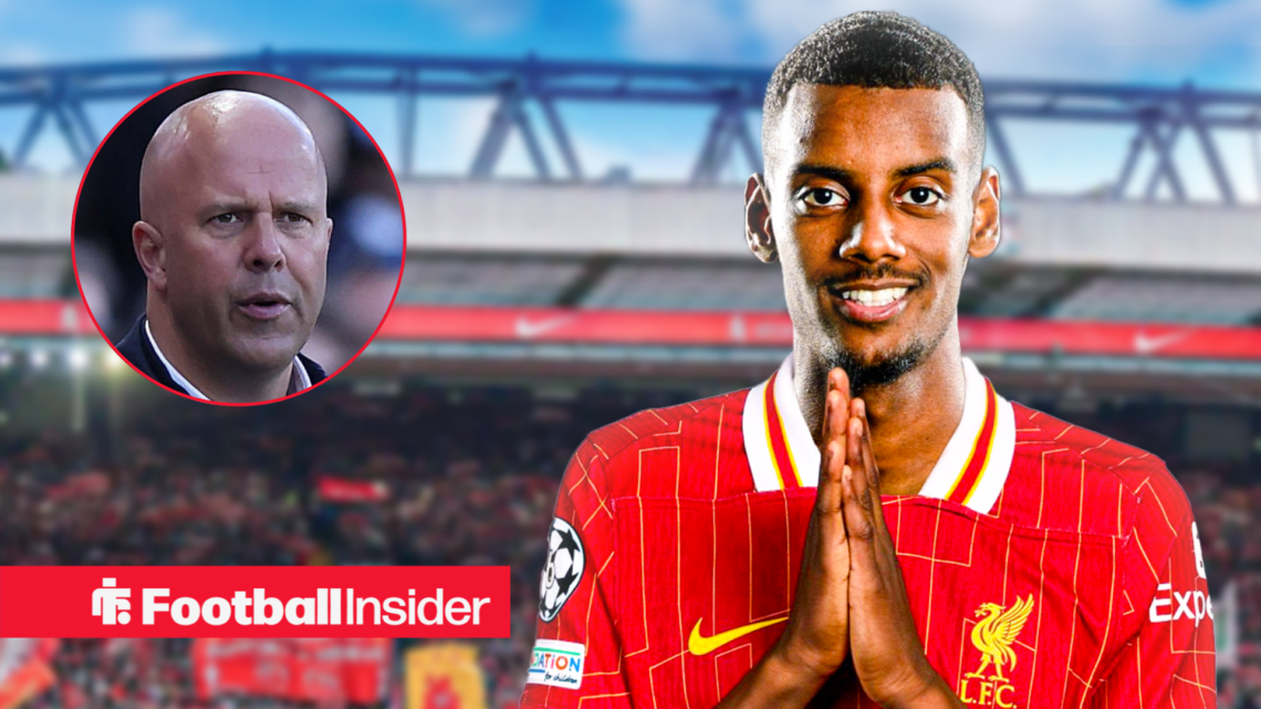 Arne Slot on the left looking concerned with Alexander Isak on the right in a Liverpool shirt with his hands in a praying position
