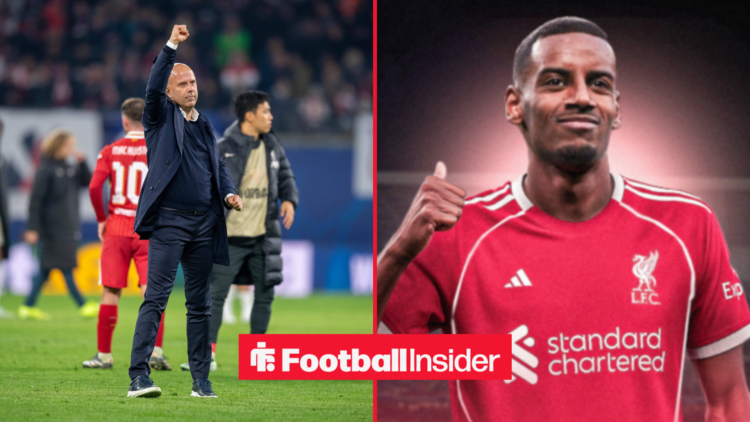 Arne Slot in a black jacket and Alexander Isak in a red Liverpool kit