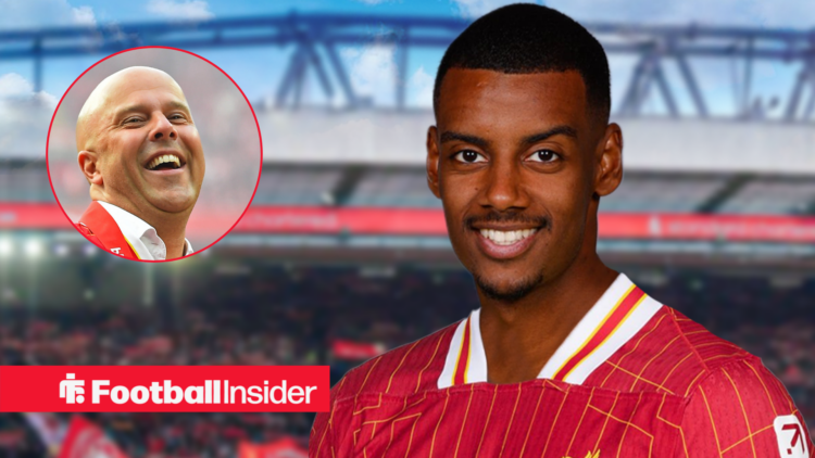 Arne Slot smiling on the left with Alexander Isak on the right smiling in a Liverpool shirt