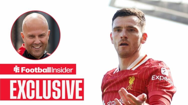 Arne Slot smiling on the left above an exclusive banner with Andy Robertson on the right asking for the ball