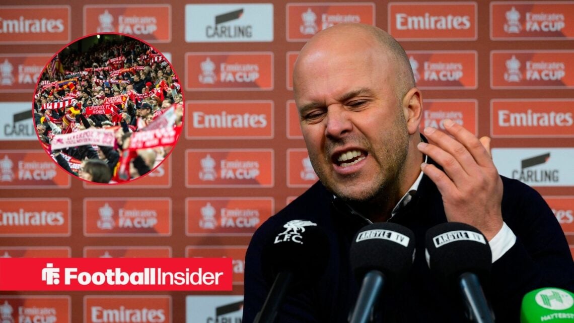 Arne Slot angry and Liverpool fans in inset
