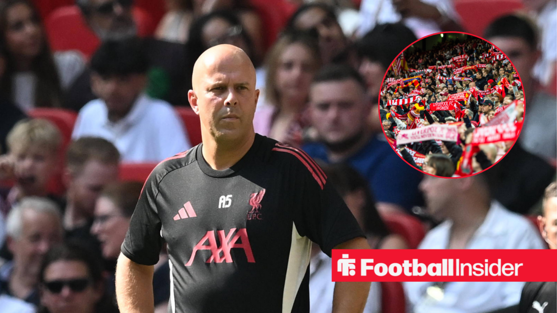 Arne Slot in a black training top and Liverpool fans holding scarves in a red circle