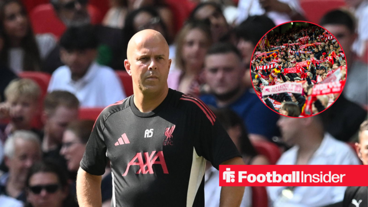 Arne Slot in a black training top and Liverpool fans holding scarves in a red circle