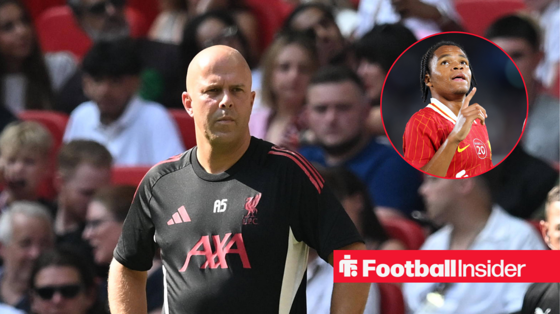 Arne Slot in a black Liverpool top and Rio Ngumoha in a red Liverpool kit in a red circle