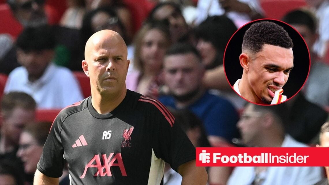 Arne Slot standing in a black Liverpool top and Trent Alexander Arnold in inset