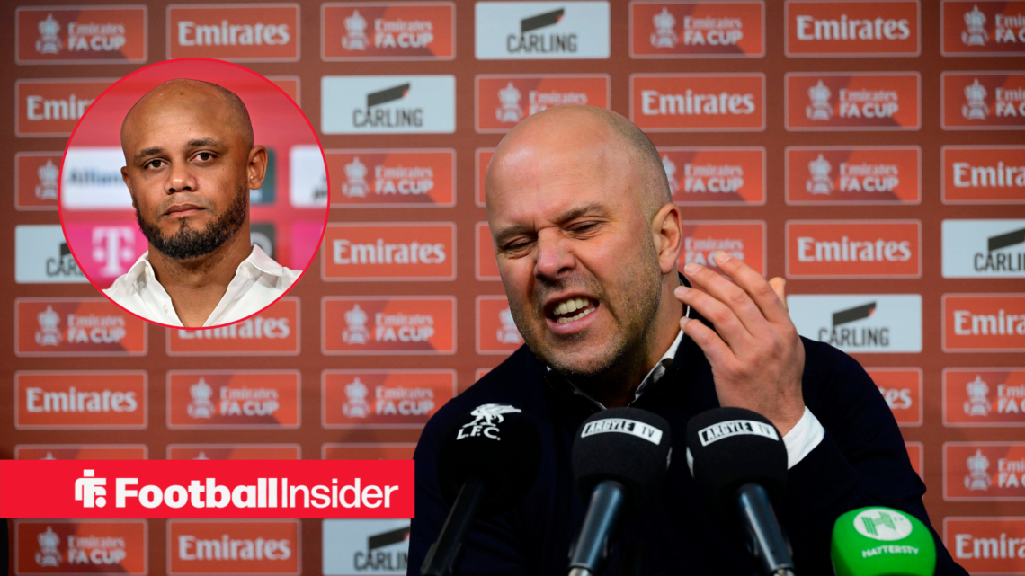 Arne Slot in a black jumper and Vincent Kompany in a white top in a red circle