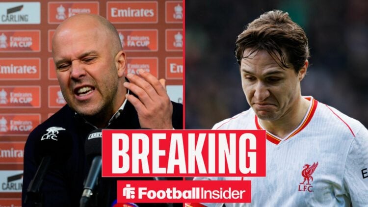 Liverpool manager Arne Slot angry in a press conference with player Federico Chiesa right looking annoyed